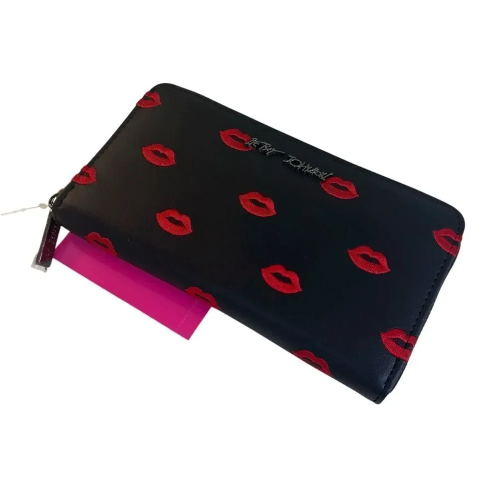 Fabulous Betsey Johnson Faux Leather Black Wristlet w/  Embroidered Red Lips.